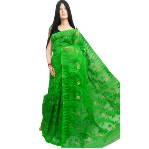 ग्रीन कॉटन सिल्क सॉफ्ट ढाका जामदानी हैंडलूम साड़ी