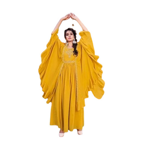 Ladies Fancy Gown - Georgette Size L-XXL Yellow 3/4th Sleeve Light Weight and Breathable | Washable Attractive Design 100% Purity