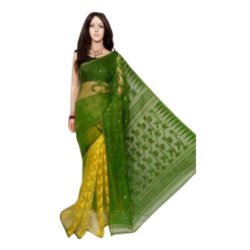 Cotton Silk Soft Dhakai Jamdani Saree - Green And Yellow, Trendy Colors, Extremely Lightweight, Easy to Wash, Ideal for Party Wear