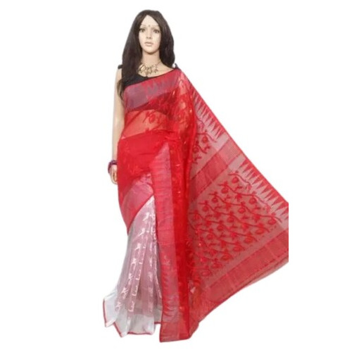 Multicolor Cotton Silk Soft Dhakai Jamdani Handloom Saree - Color: Orange & Light Beige