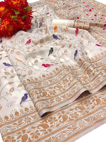 Zari Work Saree - Silk Material, 6.3 Meters Length, Ivory White Color | Features Fade, Wrinkle, Shrink, Tear Resistance, Breathable Comfort