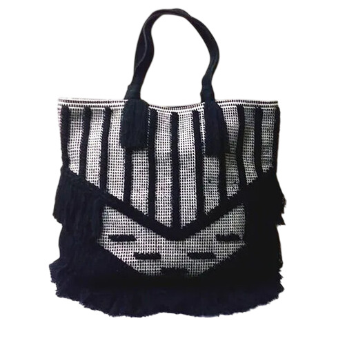 Cotton Fabric Fringed Beach Bag - Color: Black