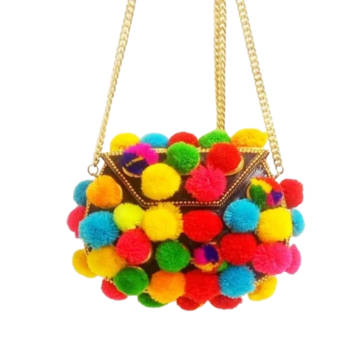Ladies Pom Metal Clutch Bag - Color: Multicolor