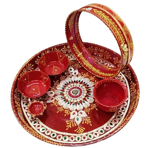Karwa Chauth Pooja Thali Set - Brass, 14 Inch Diameter, Red Round Design | Durable, Easy to Clean, Rust Proof