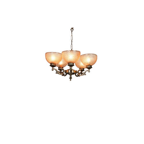 Traditional Ornate Aluminium 5 Lights Chandelier With Golden Textured Bowl Glass Shade