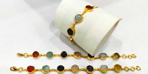 Handmade Gemstone Bracelet Multicolor Round 8MM Stones with Link Chain Gold Plated 7 Inch Long Including 1 Inch Extender