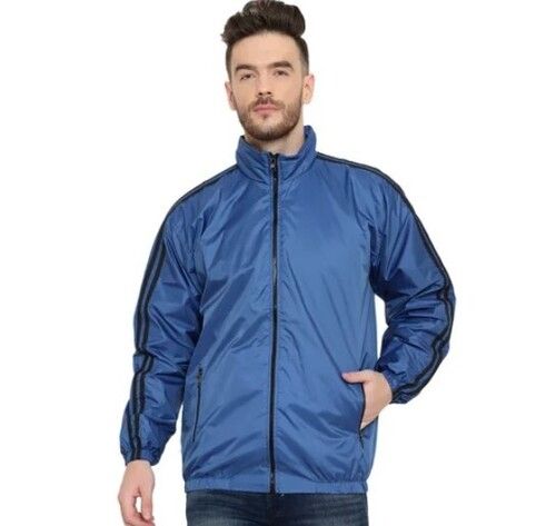 Blue Color Plain Pattern Zipper Mens Jacket For Casual