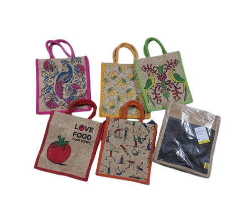 Eco-Friendly Light Weighted Single Compartment Printed Jute Shopping Carry Bags With Rope Handle