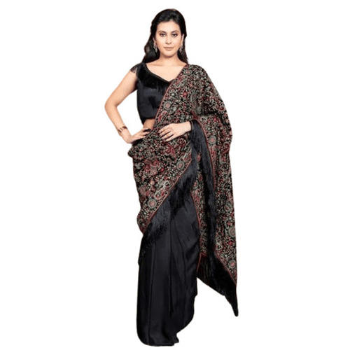 Ladies Saree - Black Georgette with Hand Embroidery | Breathable, Quick Dry, Lightweight, Fade and Tear Resistant