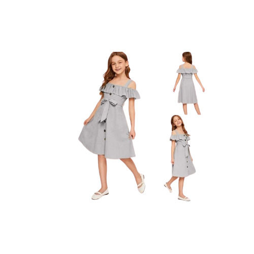 Gilrs Sleeveless Grey Western Lycra Frock For 1-6 Years Age