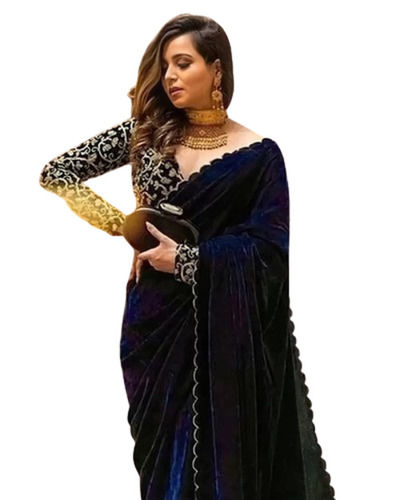 Blue Fancy Velvet Saree