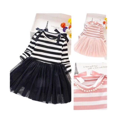 Casual Wear Regular Fit Full Sleeves Breathable Readymade Striped Girls Frocks