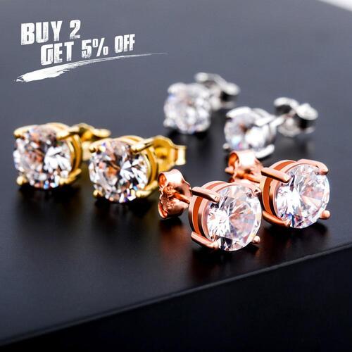 Sobling 4/6/8MM Round Brilliant CZ Stud Earrings 925 Sterling Silver Hip Hop Fashion Iced Out Cubic Zirconia Jewelry