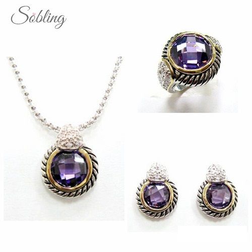 Sobling Antique Style Designs Inspired Jewelry Set With Swirling Rope Patterns Decorated And Round Amethyst Center Cz Bezel Settings By White Rhodium And Gold Plated