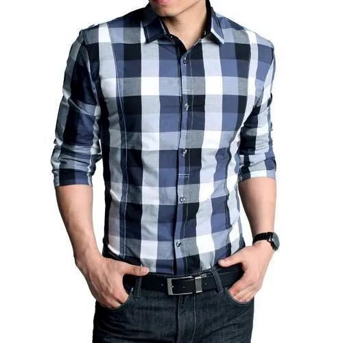 Mens Check Shirt - Cotton Blend, Sizes: M, S, XS, XXL, Colors: Blue and White | Features: Plaid Pattern, Breathable Fabric, Full Sleeves, Chest Pocket, Easy Care
