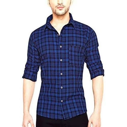 Plain Mens Shirt - Cotton Plaid Button-Down, Full Sleeves, Dark Blue, Sizes XS-XXL | Breathable, Anti-UV, Anti-Wrinkle, Washable, Cool Pass