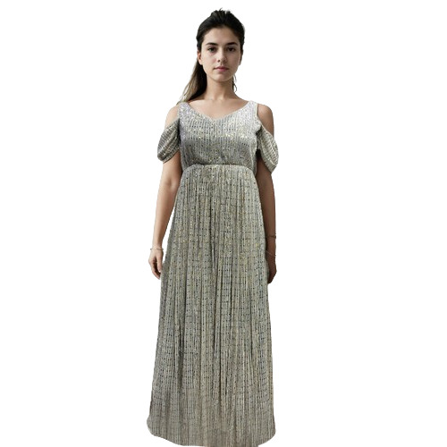 Lycra Cold Shoulder V Neck Gown - Grey with Gold Embellishments | Special Occasion, Stretchable Design, Female Size Small