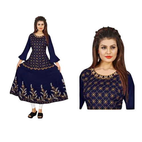 Anarkali Style Kurti - Rayon Fabric, All Sizes Available, 3/4th Sleeve, Colorful Embroidered Design | Machine Washable, Breathable, Perfect for Parties