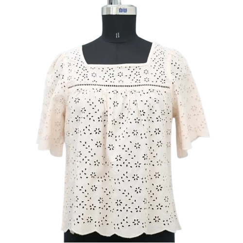 Flared Sleeve Schiffli Top - Color: White