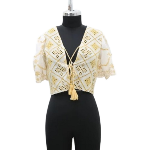 Ladies Fancy Embroidered Top - Cotton Fabric, Half Sleeve, Plunge Neck, White and Yellow, Casual Wear with Fancy Pattern