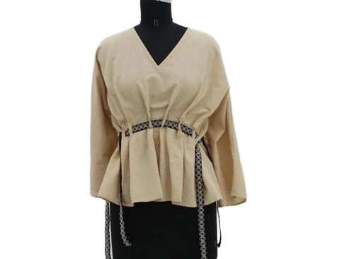 Ladies Cotton Peplum Top - Full Sleeve, V Neck | Solid Beige for Casual Wear, All Sizes Available