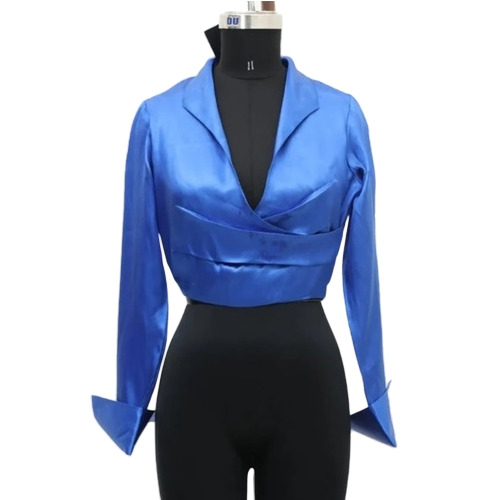 Ladies Wrap Top - Poly Satin, Full Sleeve, Solid Blue | Casual Wear, Available in All Sizes, Elegant Fancy Pattern