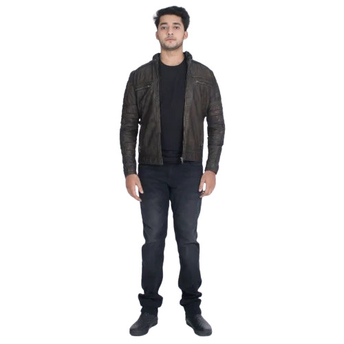 Brown Pure Leather Jacket - Pattern: Plain