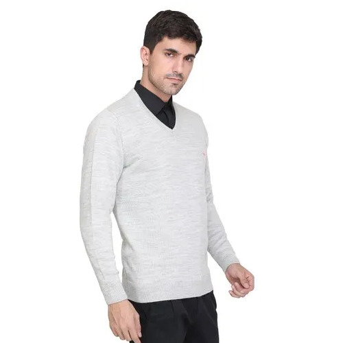 Light Grey Plain V-neck Mens Sweater - Color: All