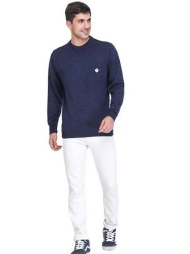 Mens Blue Plain Round Neck Sweaters