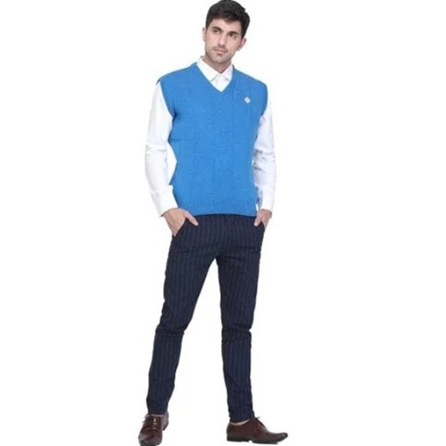 Mens Full Sleeves V Neck Sweater - Regular Fit, Brilliant Blue Acrylic Fabric, Suitable For Age Group 18-45