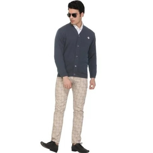 Men's Full Sleeve V Neck Cardigan - 100% Acrylic Fabric , Regular Fit in Gray Color