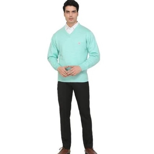 V-neck Sweater - 100% Acrylic, Full Sleeves, Regular Fit, Light Green Color, Plain Design For Men