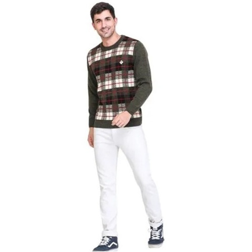 Mens Jacquard Full Sleeve Round Neck Sweater - Multi Color Check Pattern | Regular Fit for Ages 18-45
