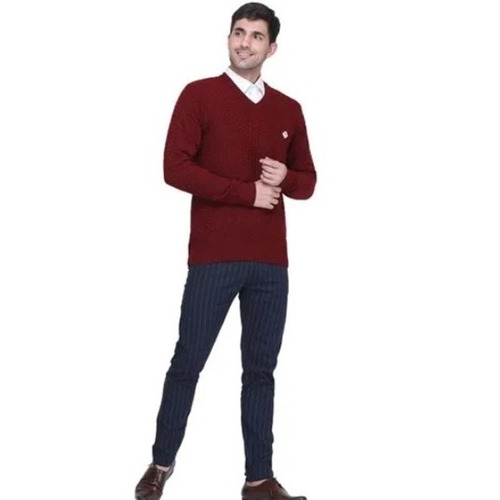 Mens Self-Design Maroon V Neck Sweater - Color: All