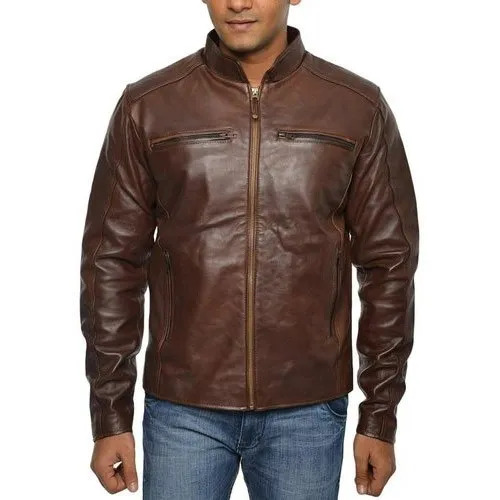 Brown Leather Full Sleeve Jacket - Regular Fit, Casual Wear | Men's Stylish Leather Jacket, Sizes S-XXL, Plain Pattern