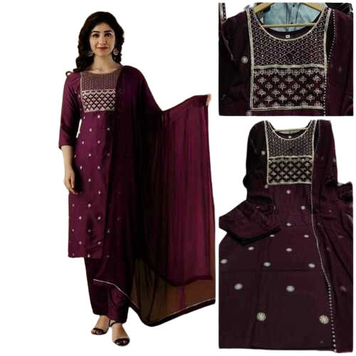 Round Neck Purple Lucknowi Kurti 