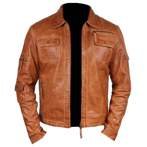 Tan Leather Full Sleeve Jacket - Size M-XXL, Casual Wear, Plain Design, Ideal for Men