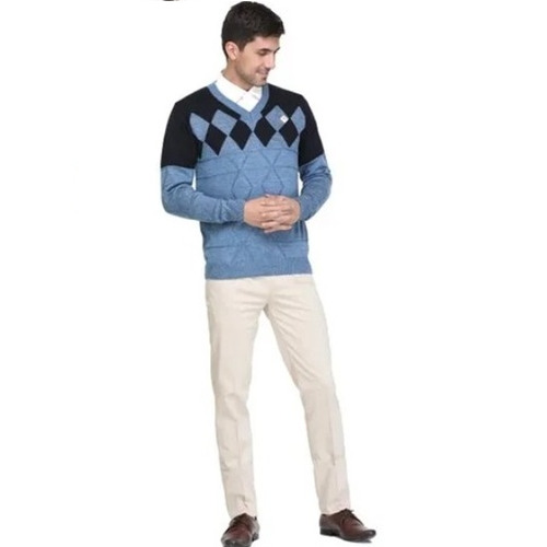 Jacquard Men's Sweater - 100% Acrylic, Regular Fit, V Neck, Full Sleeves, Blue Color, Suitable for Ages 18-45