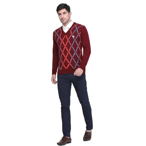 V Neck Mens Jacquard Red Sweater - Size: All