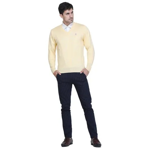 Acrylic Fabric V-Neck Mens Sweater - Full Sleeves, Regular Fit, Plain Beige for Ages 18-45