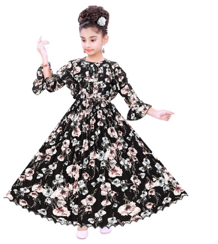 Floral Printed Frock - Cotton Fabric Age 6 Years Black Base Color | Breathable No Fade Washable Modern Design