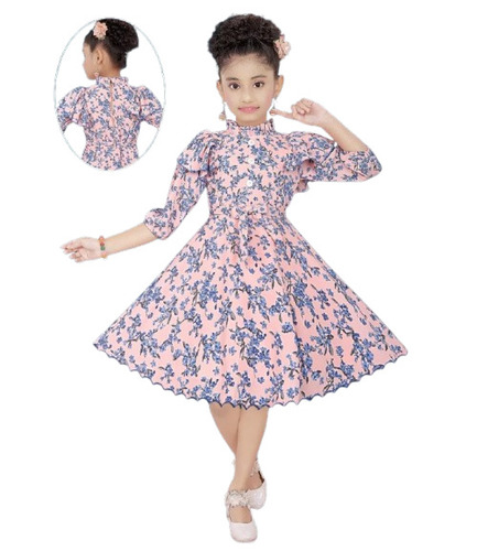 Girls Casual Floral Printed Frock - Cotton, Customized Size, Blue And Peach Color | Breathable, No Fade, Handwashable, 3/4th Sleeve