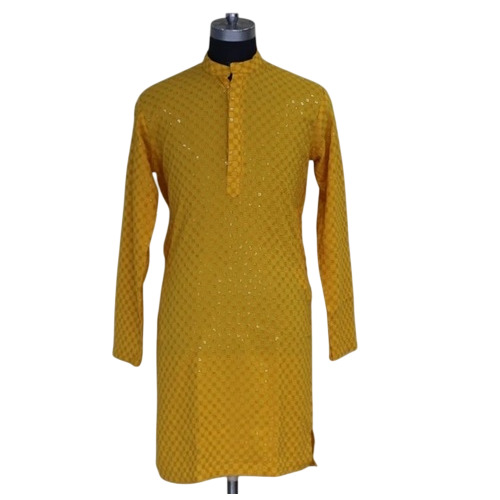 Mens Yellow Cotton Chikankari Kurta - Feature: Breathable