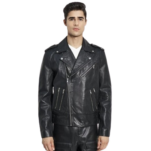 Pure Black Casual Leather Jacket - Customized Size, Full Sleeves | Men's Solid Pattern, Casual Wear