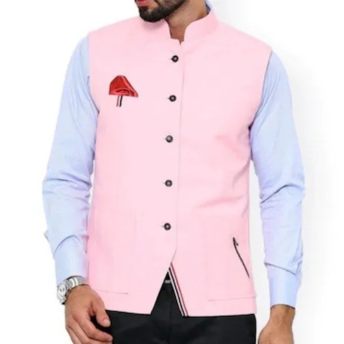 Pink Nehru Jacket - Cotton Fabric, Customized Size, Plain Pattern | Breathable, No Fade, Machine Washable, Casual Wear