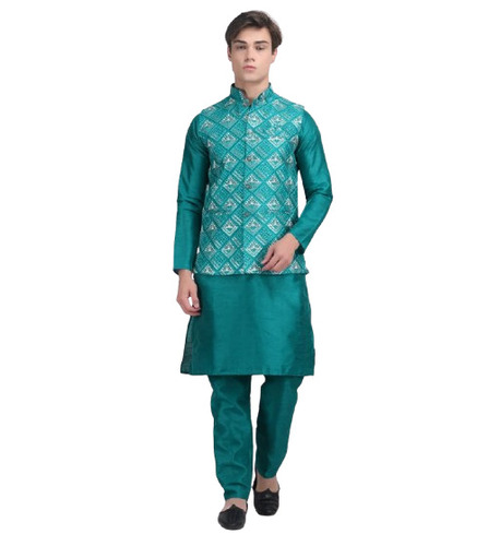 Silk Embroidered Festive Wear Kurta With Jacket - Sleeveless Design, Elastic Waist Plain Pajamas | No Fade, Washable, Versatile for All Occasions