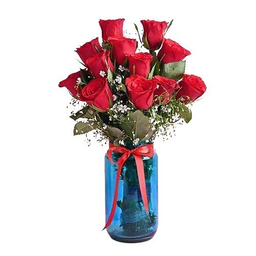 Classic Bunch Of 12 Red Roses In Blue Vase