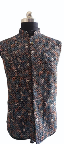 Navy Blue Printed Men Nehru Jacket - Color: Multi Color