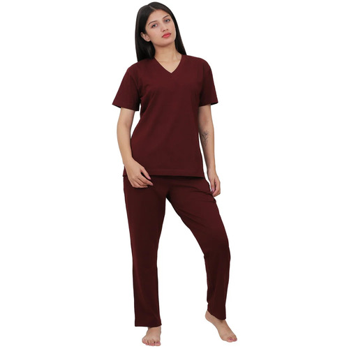 Maroon Cotton T-Shirt and Pajama Night Suit - Semi-Stretchable Regular Fit, Half Sleeves for Women