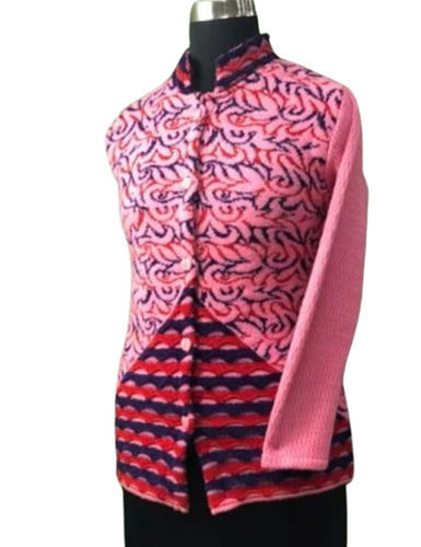 Baby Pink Color Full Sleeves Casual Wear Ladies Printed Woolen Cardigan